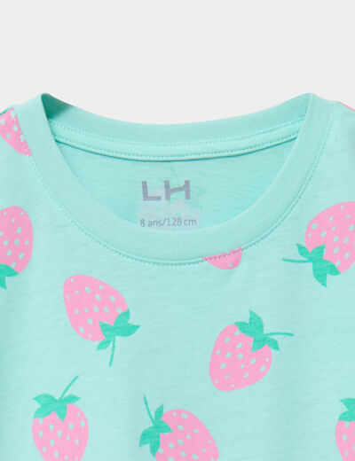 T-shirt col rond manches &agrave; volants coton bleu turquoise fille