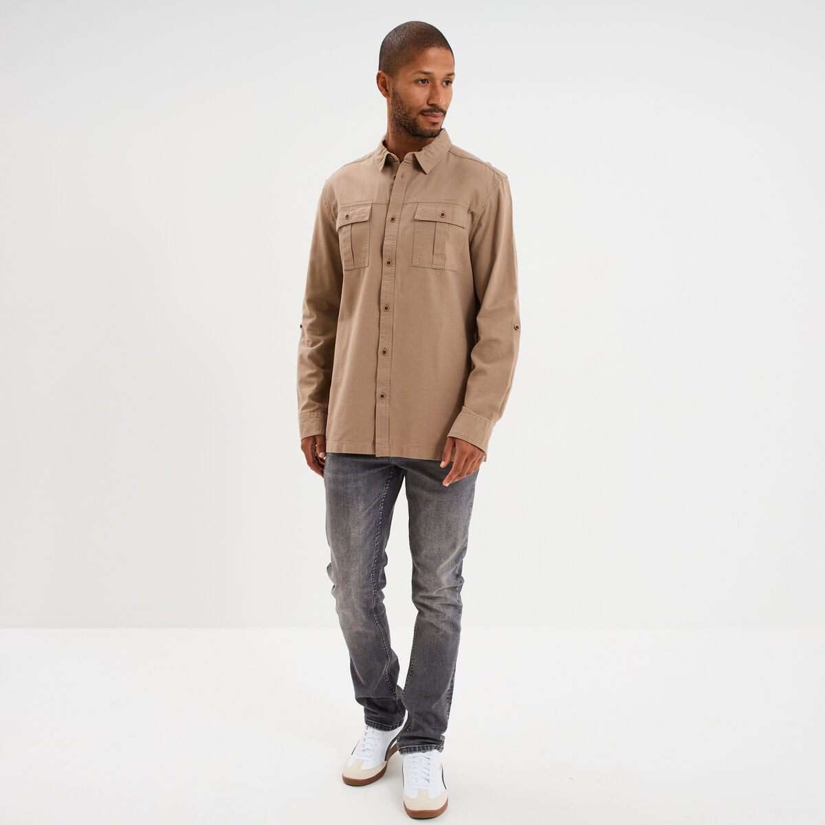 Chemise manches retroussables taupe homme