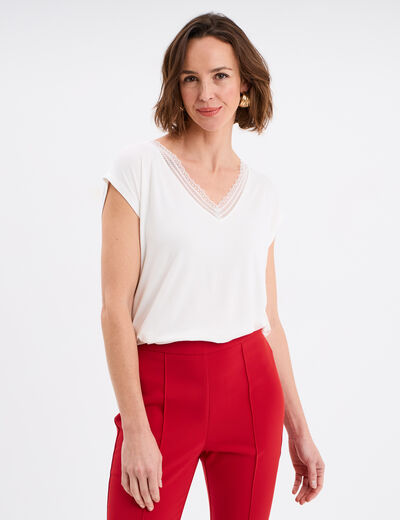 T-shirt col en V manches courtes blanc femme