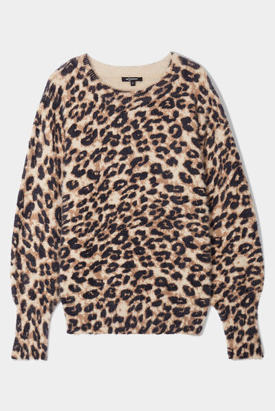 Pull col rond en fausse fourrure beige femme