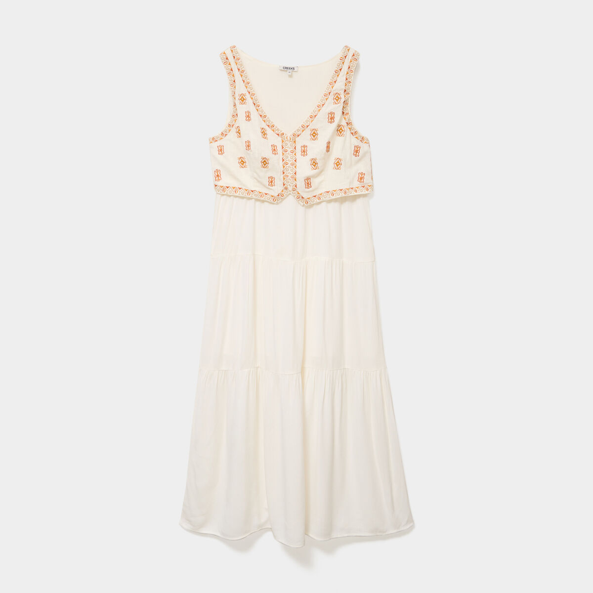 Robe longue buste brod&eacute; sans manches ecru femme