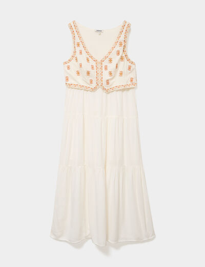 Robe longue buste brod&eacute; sans manches ecru femme