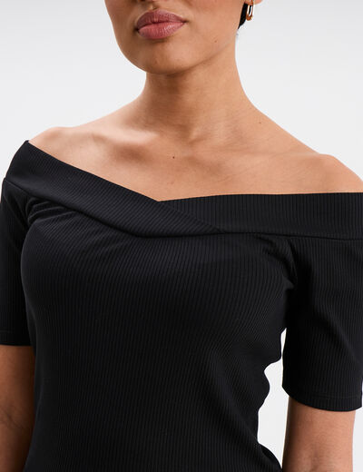 T-shirt col bardot manches courtes coton noir femme