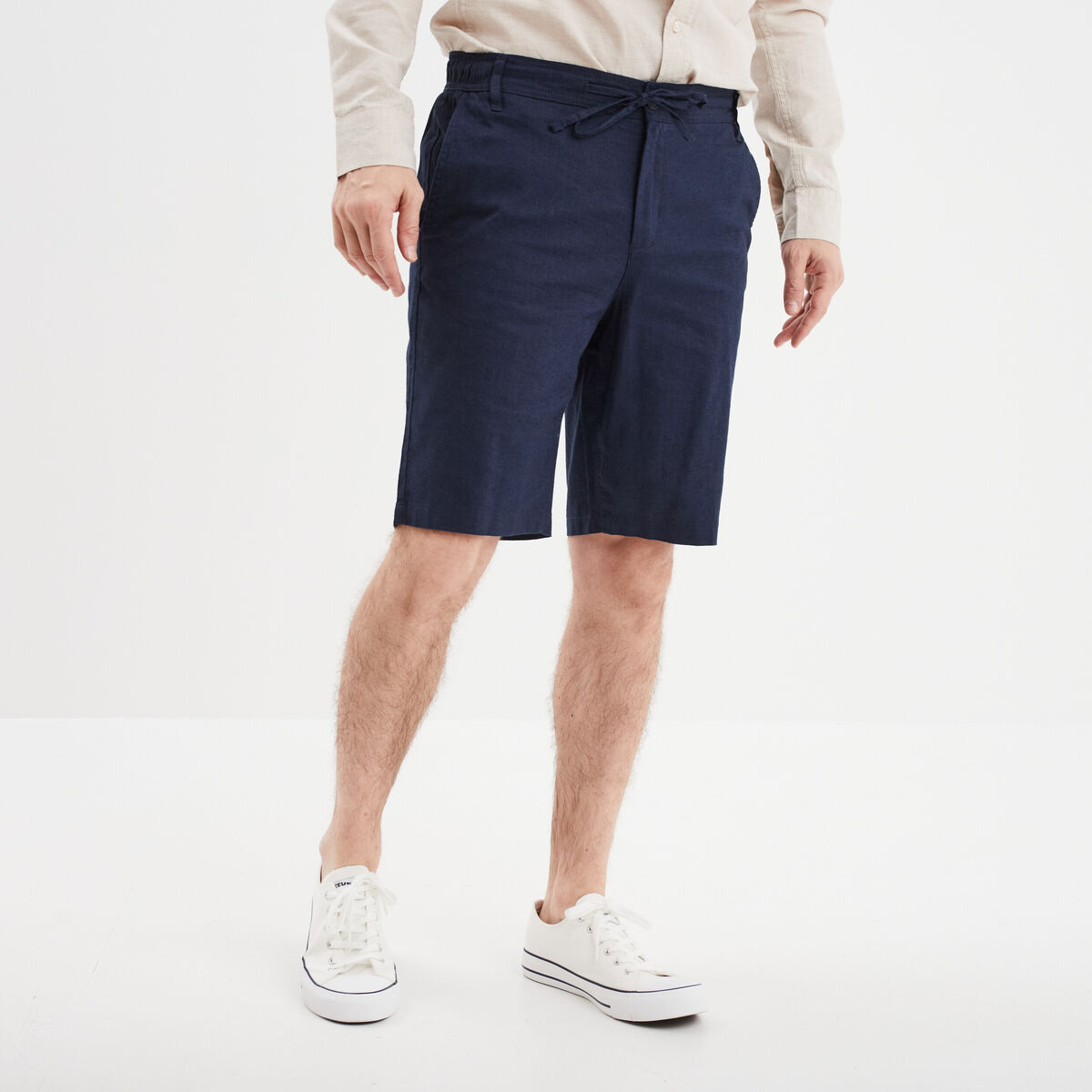 Bermuda chino à coulisse lin mélangé bleu marine homme
