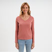 T-shirt col en V manches longues coton vieux rose femme