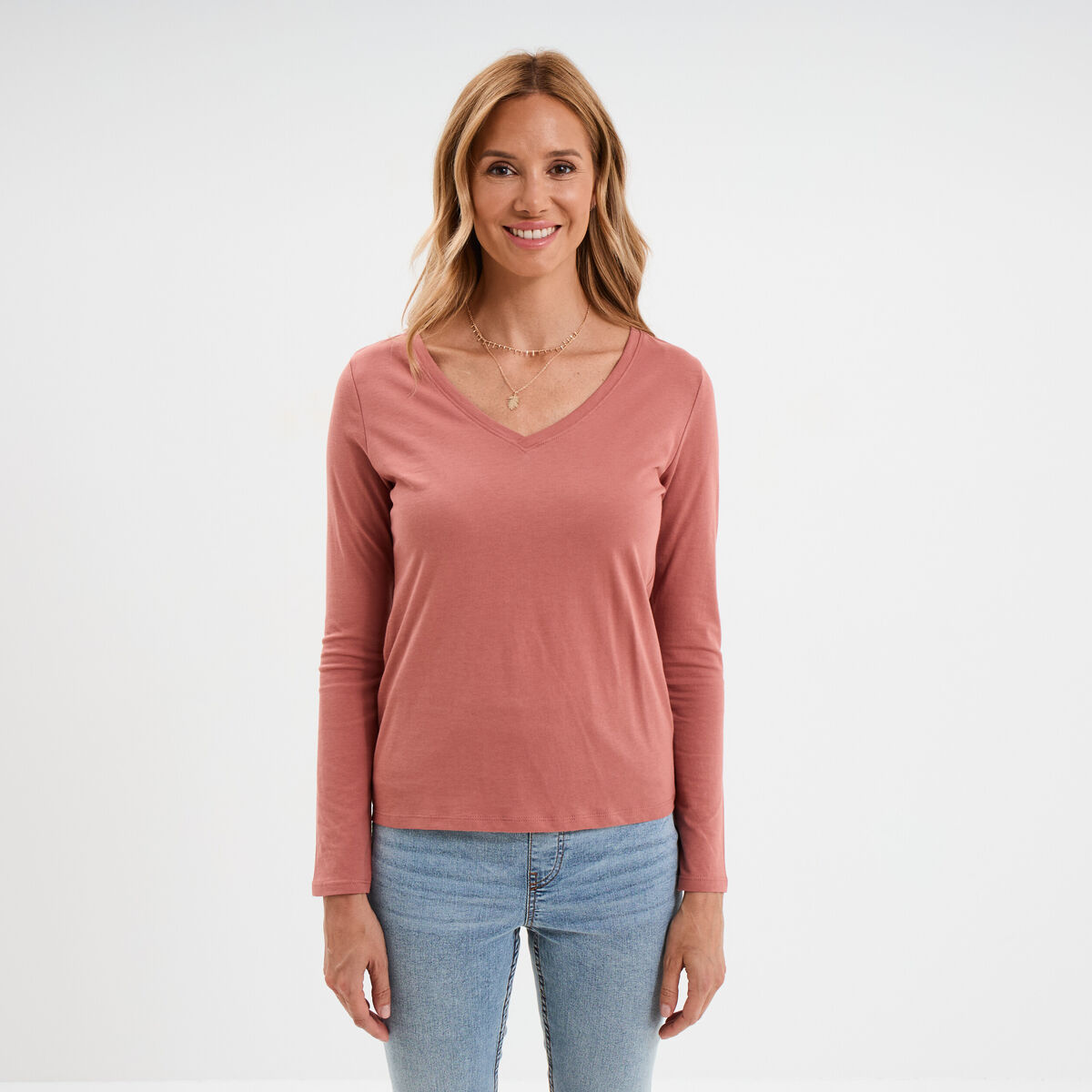 T-shirt col en V manches longues coton vieux rose femme