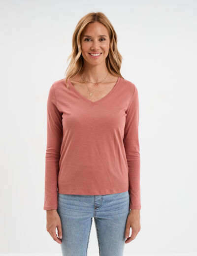 T-shirt col en V manches longues coton vieux rose femme