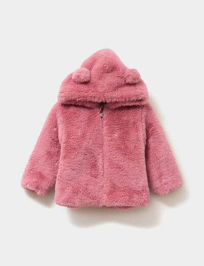 Veste à capuche fausse fourrure vieux rose bébé fille