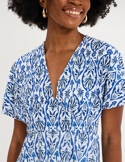 Robe longue gaufr&eacute;e manches courtes ecru femme