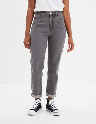 Jeans mom 7/8ème taille haute coton denim gris femme