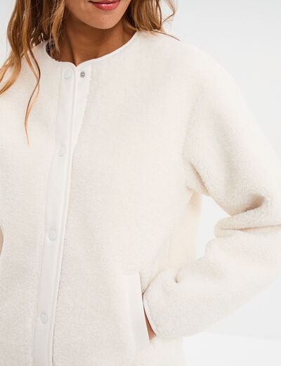 Veste effet polaire boutonn&eacute;e col rond ecru femme