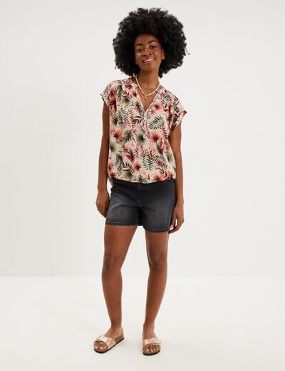 Blouse cr&eacute;pon manches courtes vert kaki femme