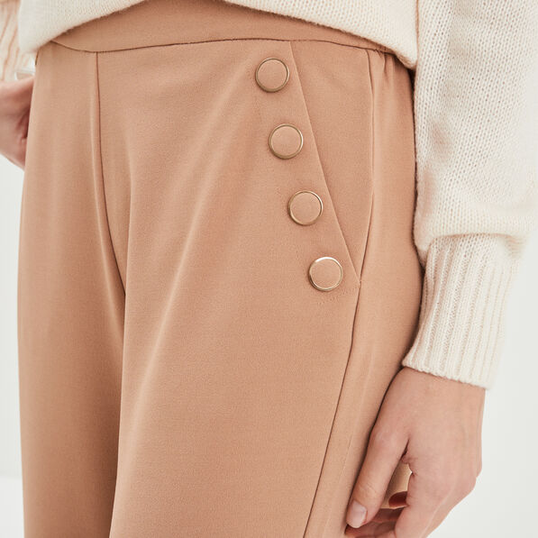 pantalon droit a pont taille elastiquee marron clair femme Pantalon droit à pont taille élastiquée marron clair femme