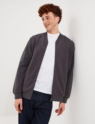 Gilet reli&eacute;f&eacute; manches longues zipp&eacute; gris fonc&eacute; homme