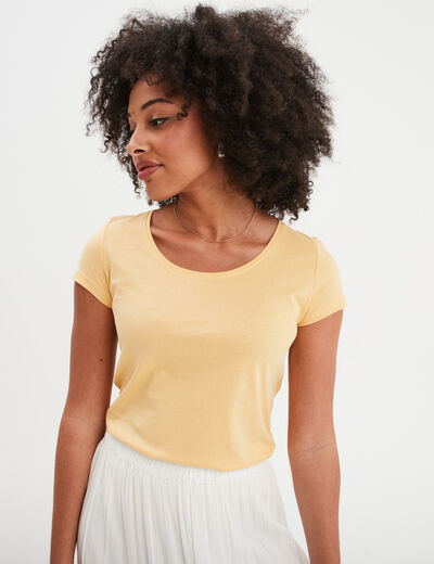 T-shirt coton col rond manches courtes jaune clair femme