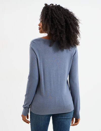 Pull col en V manches longues bleu gris femme