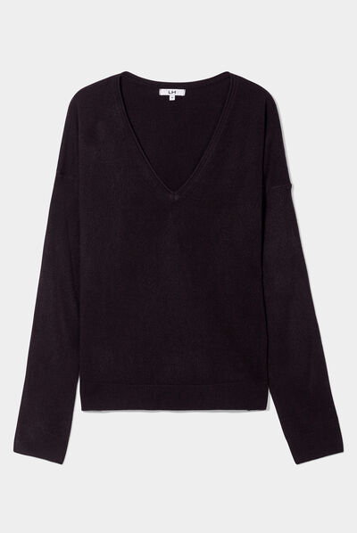 Pull col en V manches longues noir femme