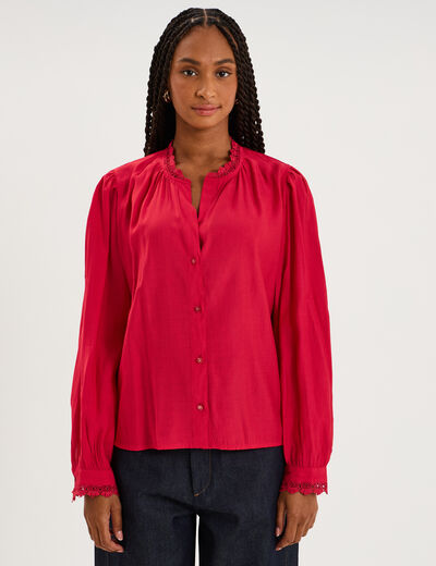 Blouse col montant dentelle rose cerise femme