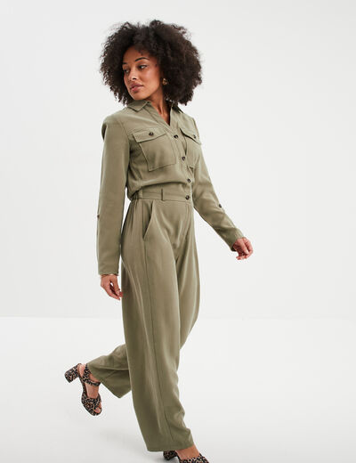 Combinaison pantalon col à revers vert kaki femme