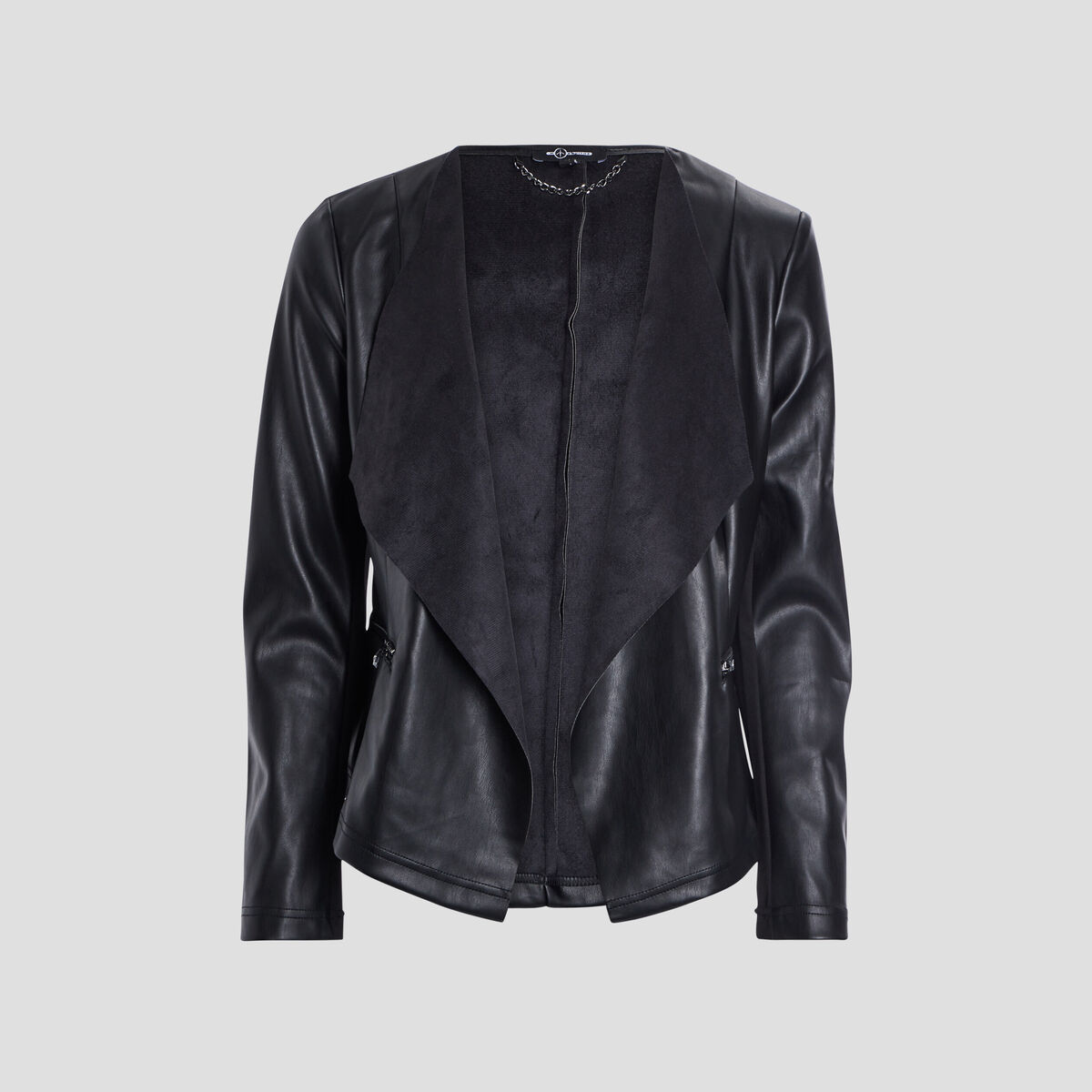 Veste droite simili cuir à col châle noir femme