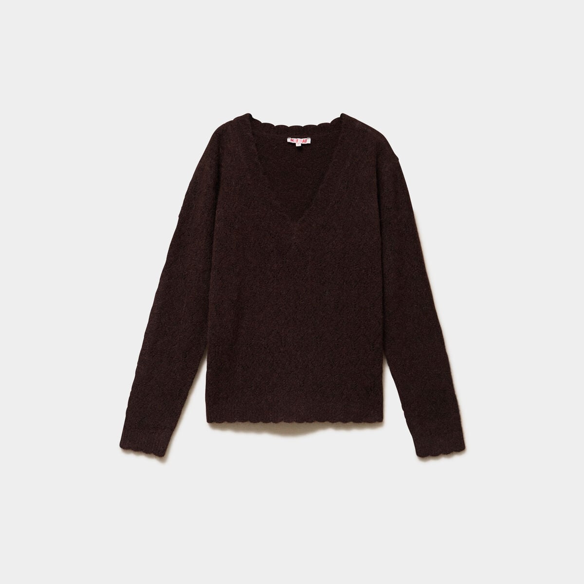 Pull col V ajour&eacute; manches longues marron fonc&eacute; femme