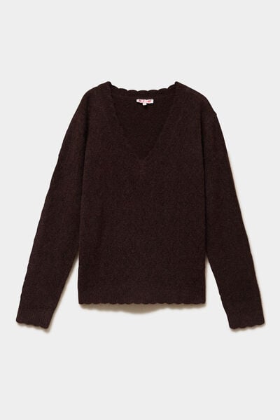 Pull col V ajour&eacute; manches longues marron fonc&eacute; femme