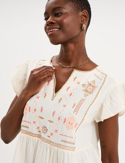 Blouse brod&eacute;e manches volants coton creme femme