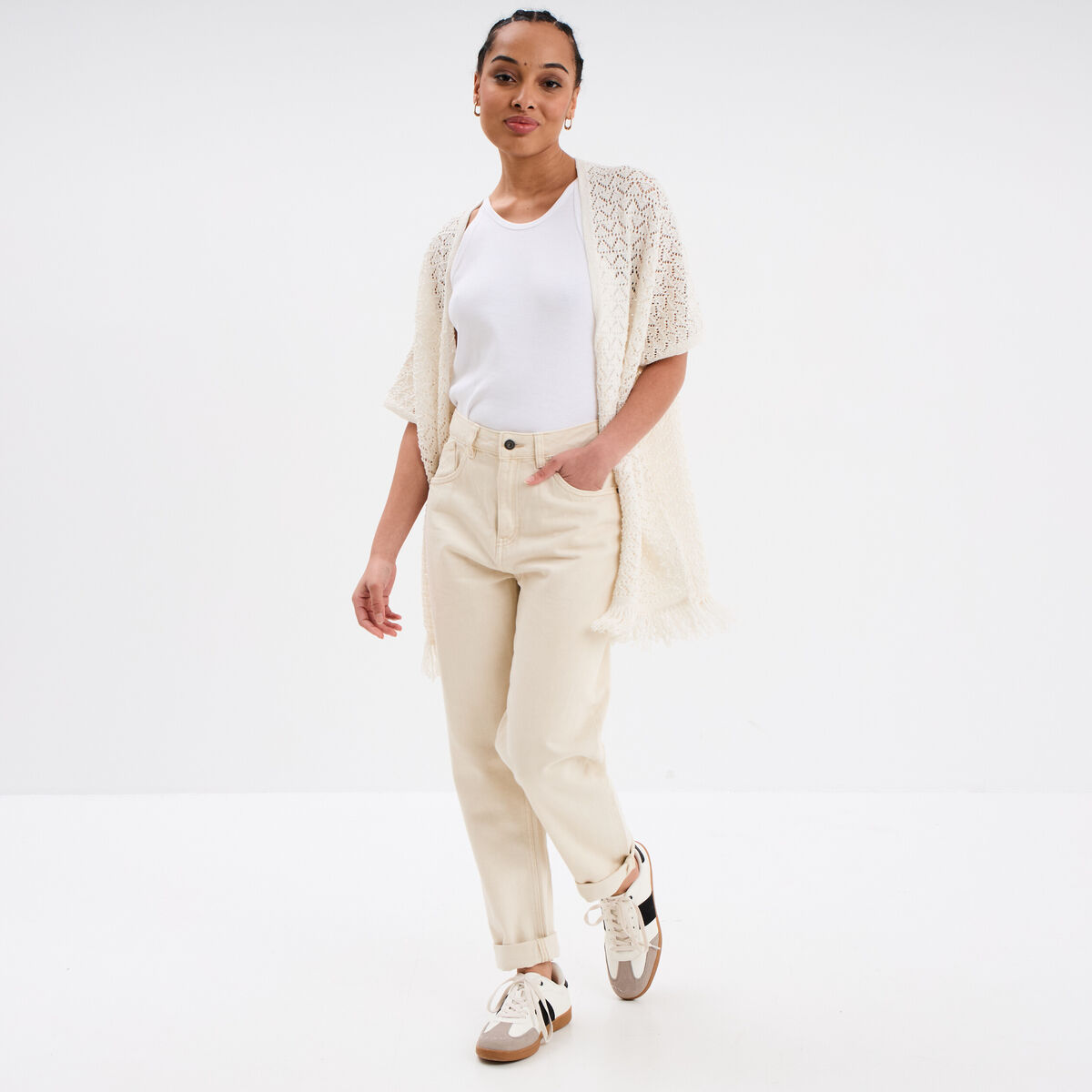 Jeans mom taille haute coton ecru femme