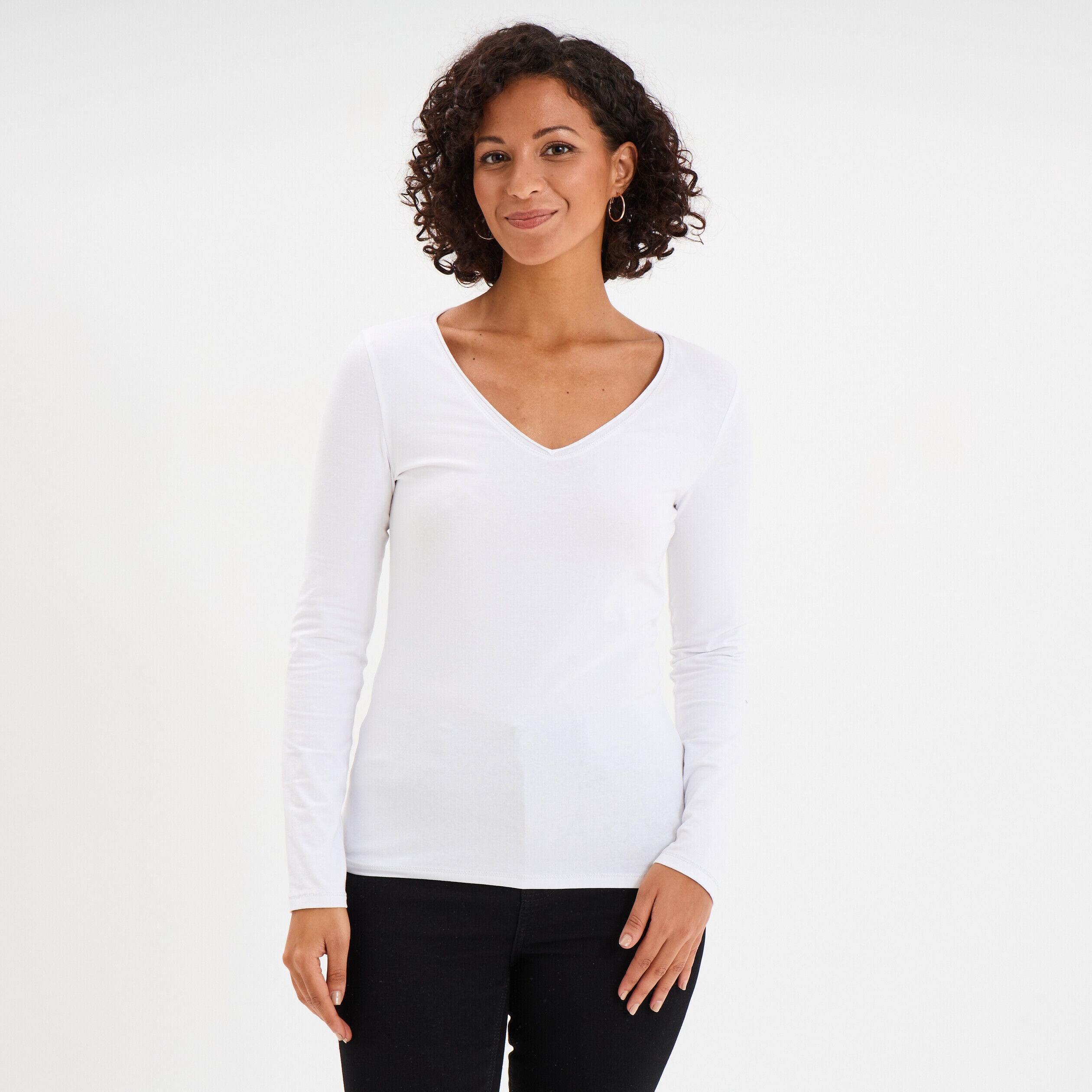 T-shirt manches longues col en V coton blanc femme LH