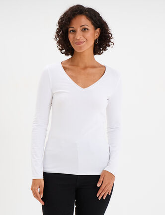 T-shirt manches longues col en V coton blanc femme