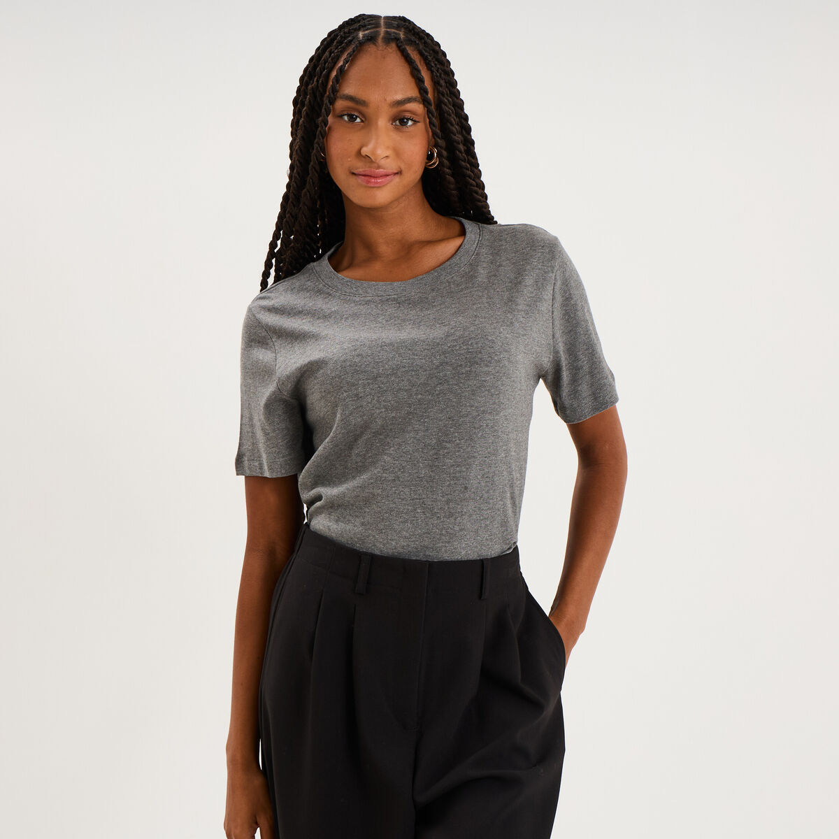 T-shirt col rond manches courtes coton gris femme