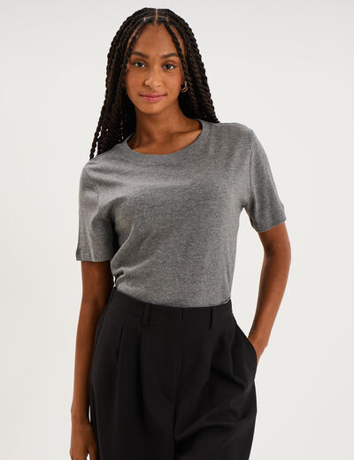 T-shirt col rond manches courtes coton gris femme