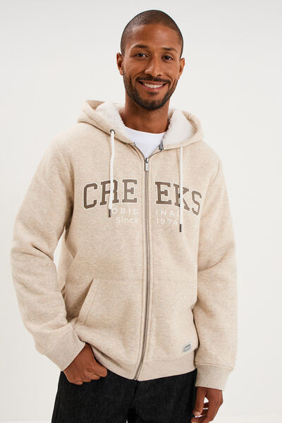 Sweat zipp&eacute; &agrave; capuche doubl&eacute; polaire beige homme