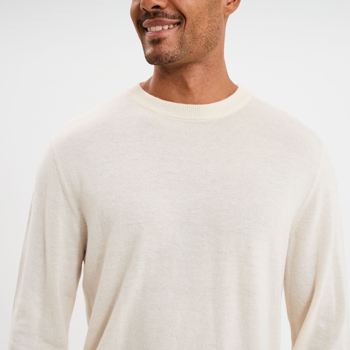 Pull col rond manches longues ecru homme
