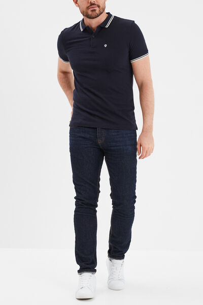 Polo piqu&eacute; coton manches courtes bleu marine homme