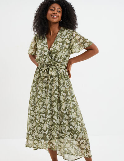 Robe longue évasée col cache-coeur vert kaki femme