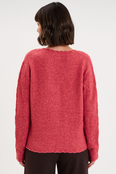 Pull col V ajour&eacute; manches longues rose cerise femme