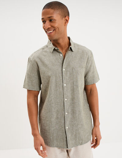 Chemise manches courtes lin m&eacute;lang&eacute; vert kaki homme