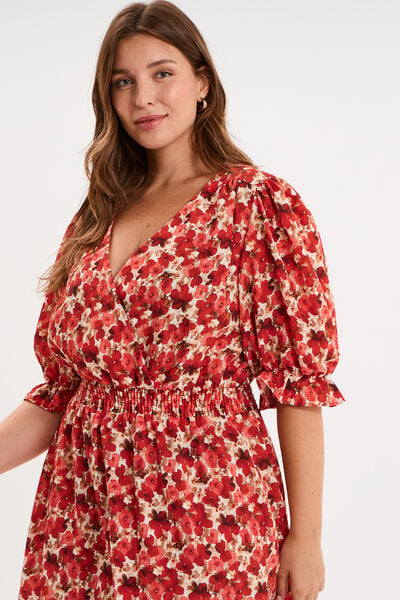 Robe longueur genou smock&eacute;e col V rouge coquelicot femme grande taille