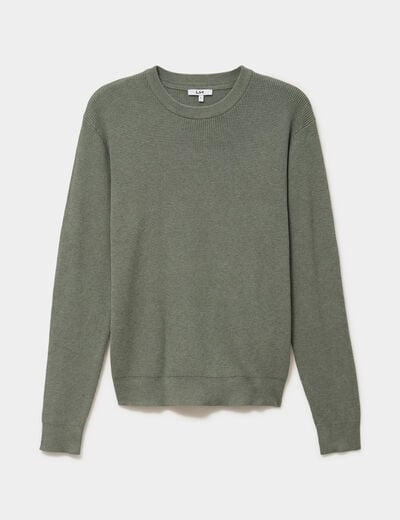 Pull en maille textur&eacute;e col rond vert kaki homme