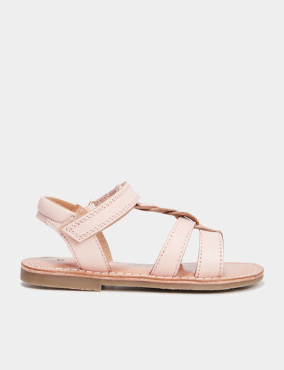 Sandales brides tress&eacute;es en cuir rose fille