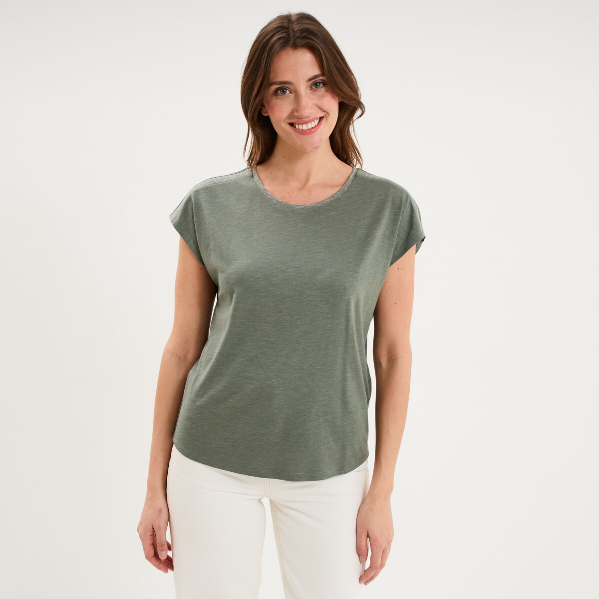 T-shirt col rond manches courtes vert kaki femme