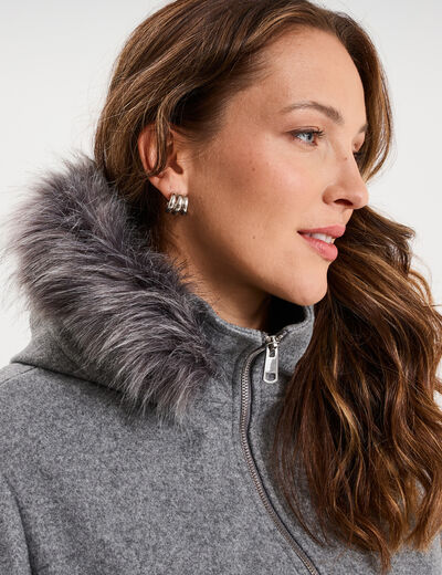 Manteau zipp&eacute; &agrave; capuche fausse fourrure gris femme grande taille