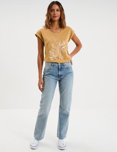 T-shirt coton col en V manches courtes beige moyen femme