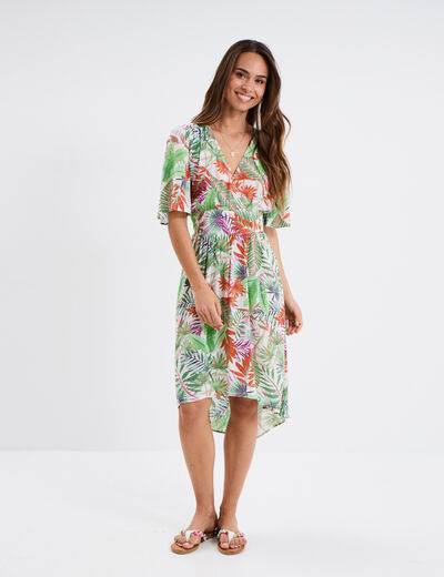 Robe asym&eacute;trique longueur genou blanc femme
