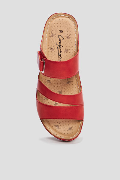 Mules compensées pied large rouge femme