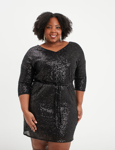 Robe évasée à sequins manches 3/4 noir femme grande taille