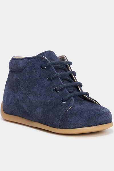 Bottillons cuir su&eacute;dine semelle souple bleu marine b&eacute;b&eacute; gar&ccedil;on