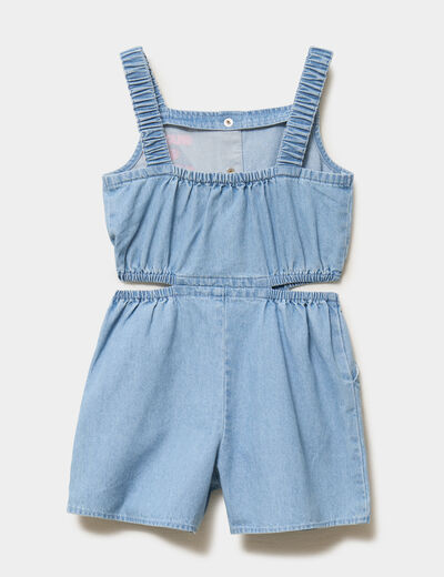 Combishort en jean brod&eacute;e &agrave; bretelles denim triple stone fille
