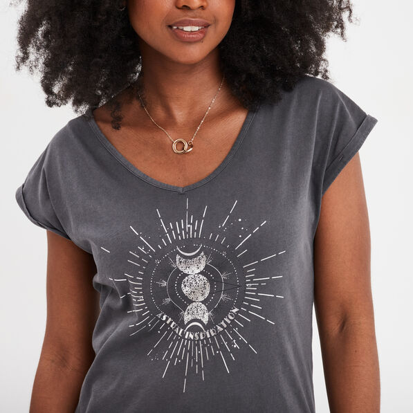 T-shirt coton col en V manches courtes gris clair femme